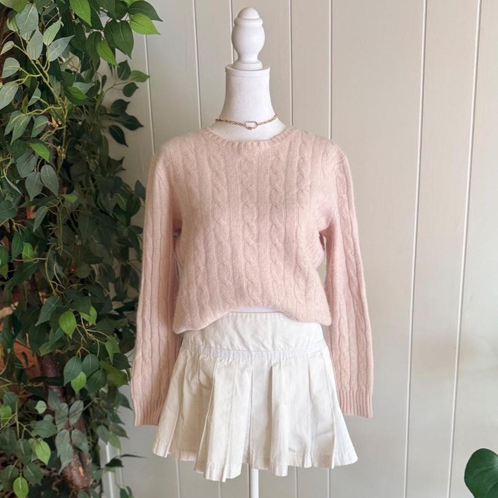 Baby Pink Cable Knit Cashmere Sweater Women's Crewneck Preppy Style